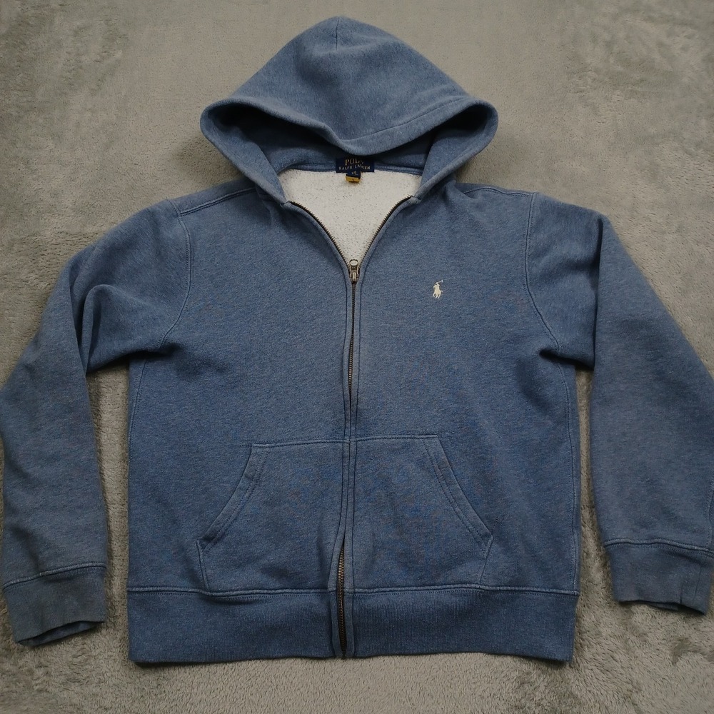 Polo Ralph Lauren Jacket Boys Large Blue Full Zip‎ Fleece Hooded Preppy